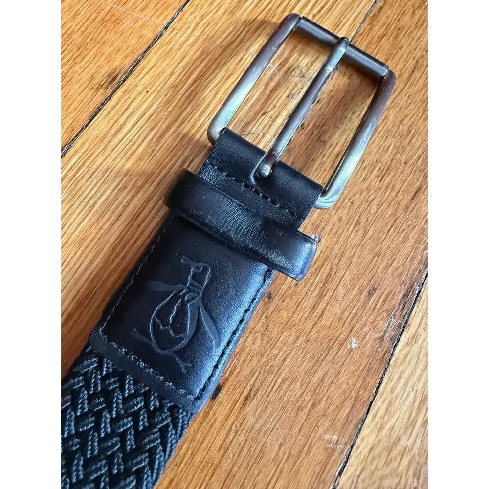 Original PENGUIN Black Stretch Woven Belt w/Leather Trim sz 36